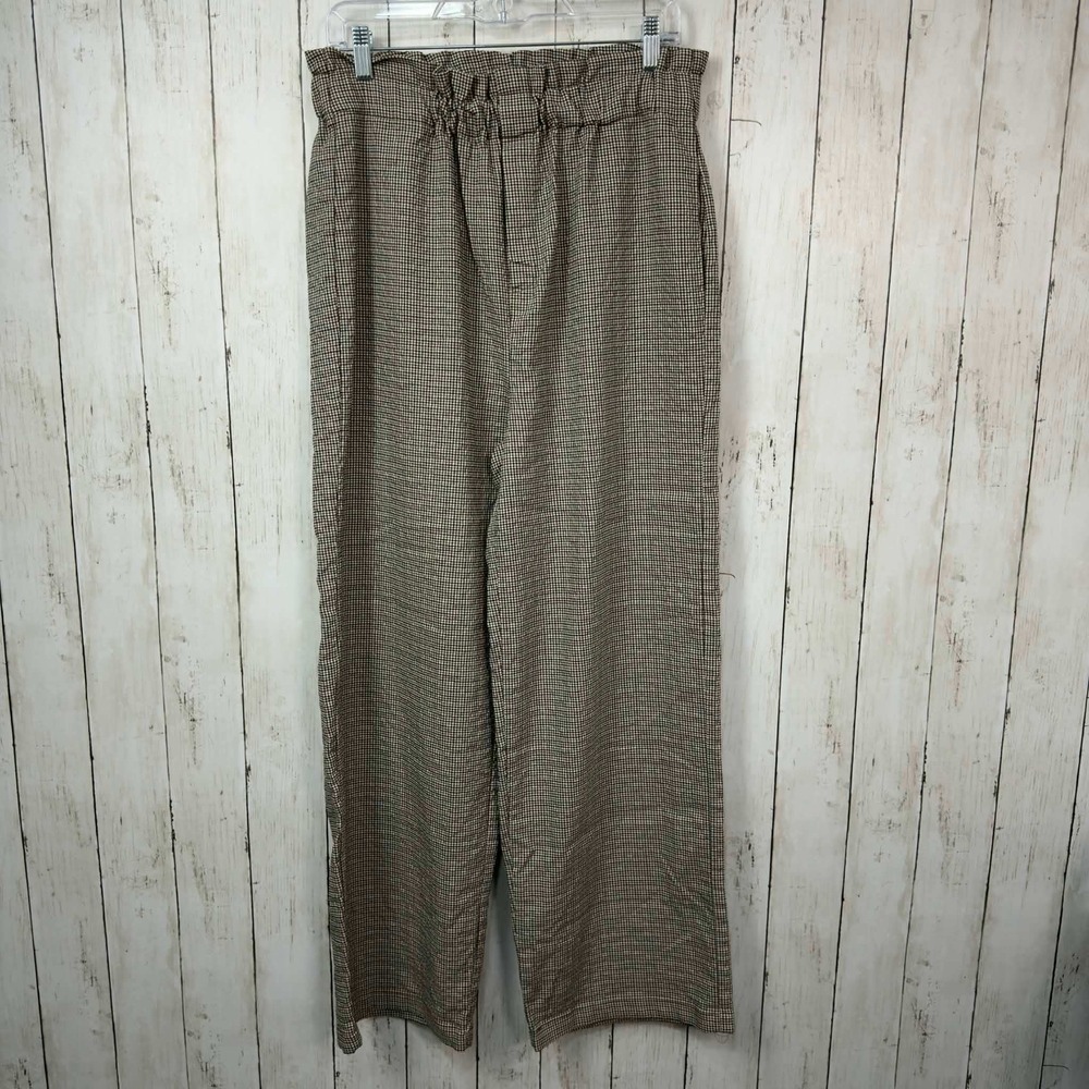 OAT New York Women's Brown Plaid Paperbag Waist Wide Leg Pants Size Large